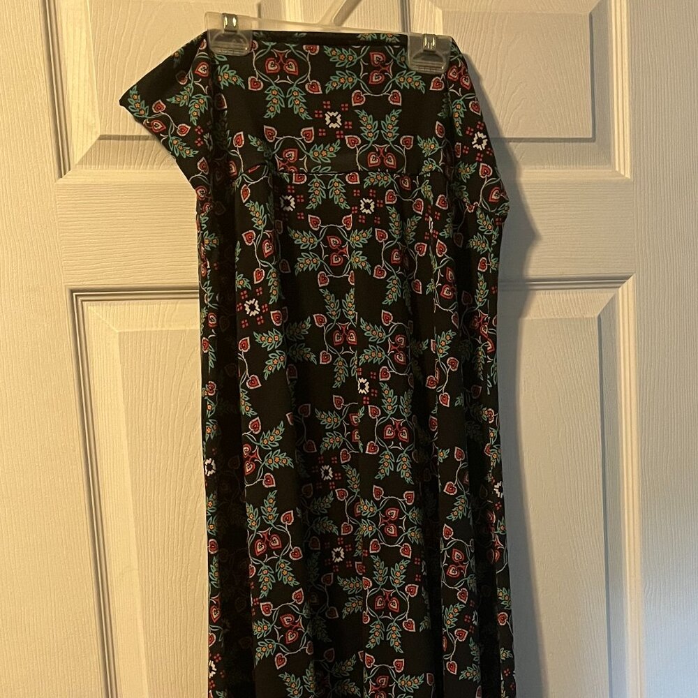 LuLaRoe Black Maxi Skirt with Red and Green Floral Pattern